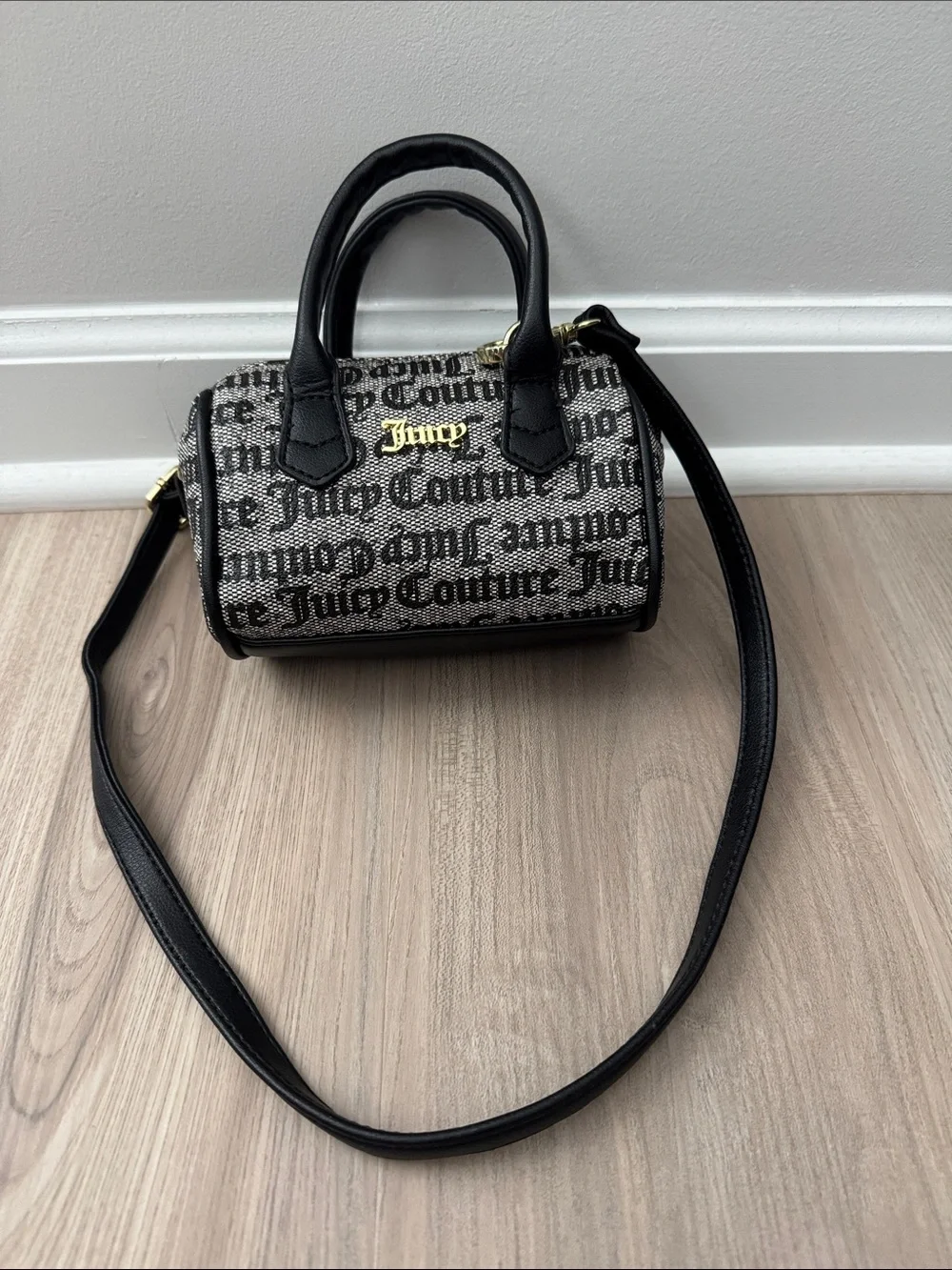 Juicy Couture Black and Beige Logo Mini Satchel with Gold Hardware